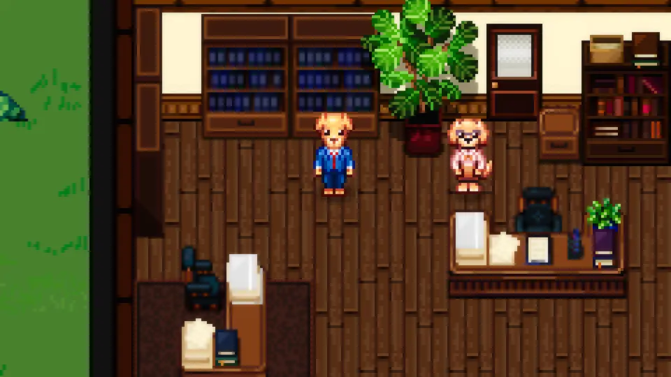 Pixel art gameplay inside a wood-paneled law office.